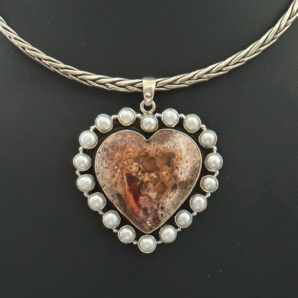 Mexican fire opal pearl mega statement heart sterling silver pendant - Picture 5 of 10